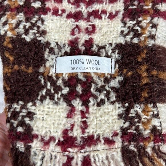 Wool Tartan Plaid Boucle Cream Brown Burgundy Scarf Unisex - Picture 8 of 8